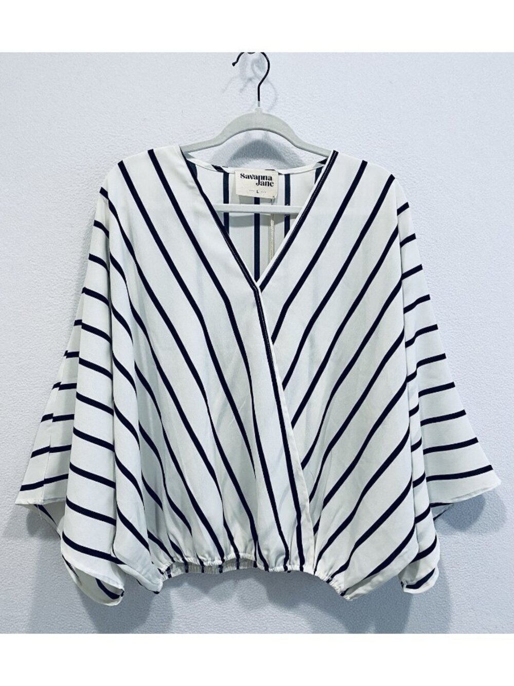 Savanna Jane Top Womens Large Black White Striped Dolman Sleeve Faux Wrap Career